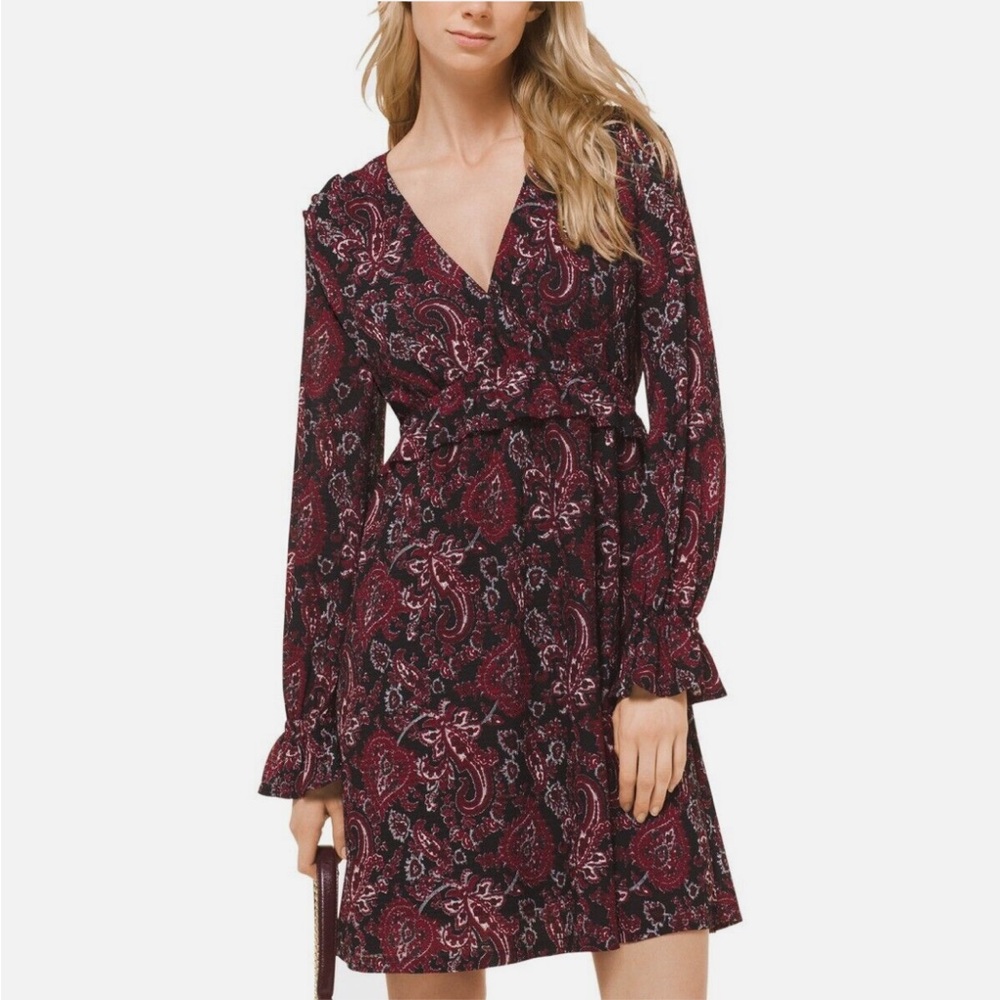 Michael Kors Burgundy Paisley Ruffle Faux Wrap Dress